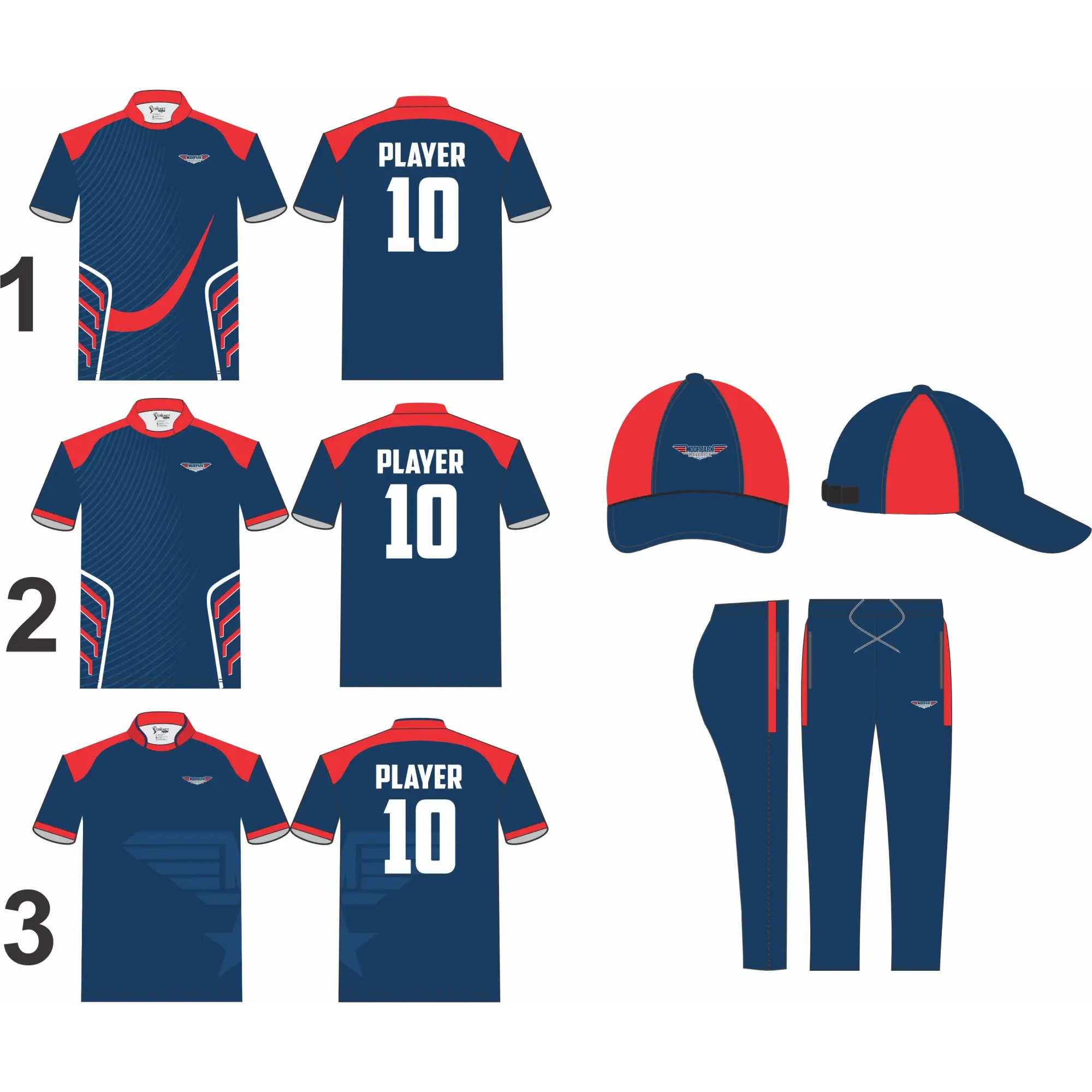 Cricket Color Clothing Kit Navy/Red Moorpark Mavericks 3 Piece Set Shirt Trouser & Cap - Custom Cricket Wear 3PC Full