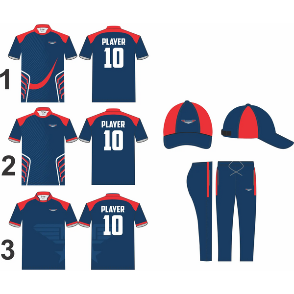 Cricket Color Clothing Kit Navy/Red Moorpark Mavericks 3 Piece Set Shirt Trouser & Cap - Custom Cricket Wear 3PC Full