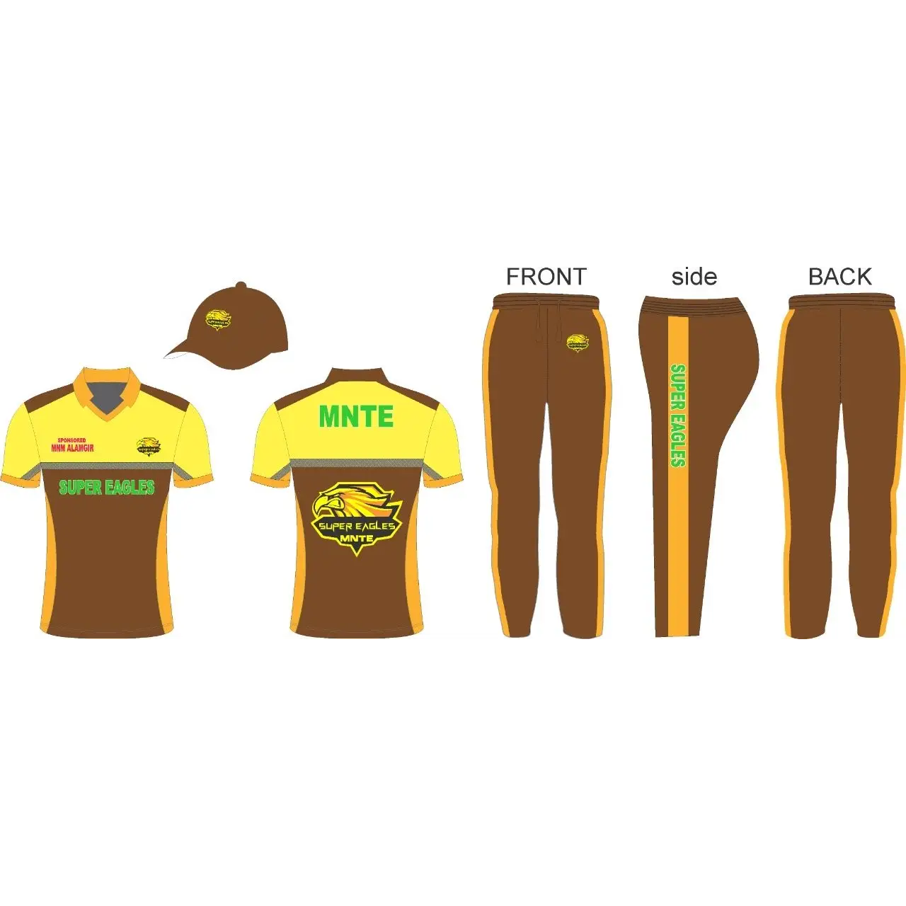 Cricket Color Clothing Kits Super Eagles Shirt Jersey Trouser Cap Brown Yellow - Custom Cricket Wear 3PC Full
