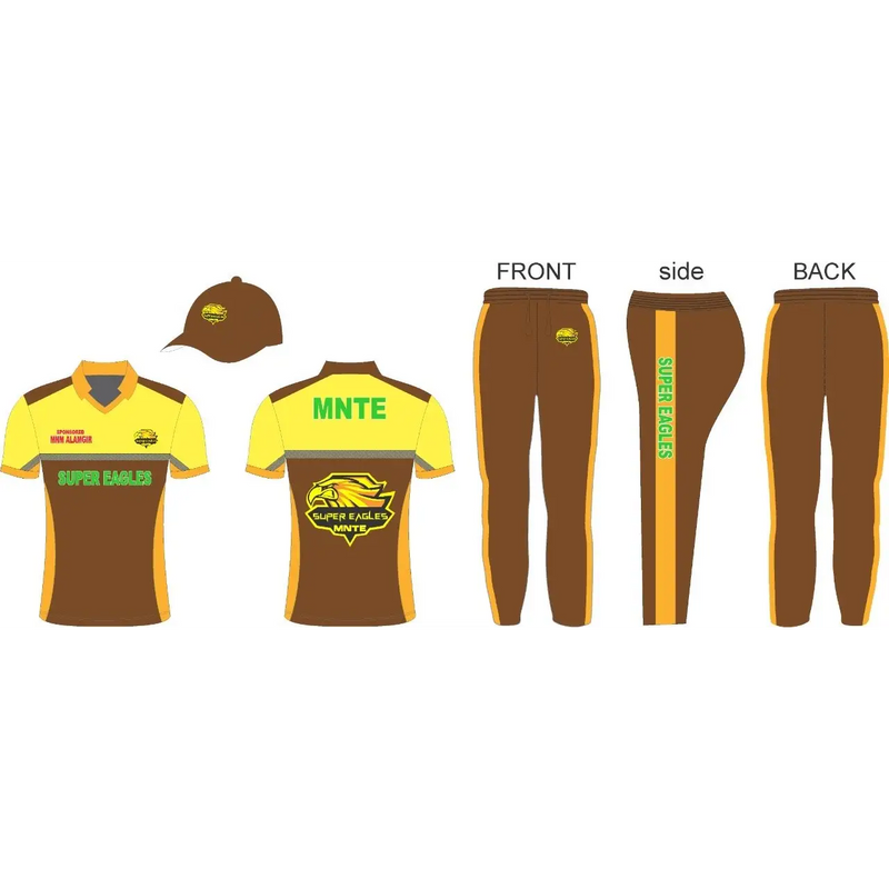 Cricket Color Clothing Kits Super Eagles Shirt Jersey Trouser Cap Brown Yellow - Custom Cricket Wear 3PC Full