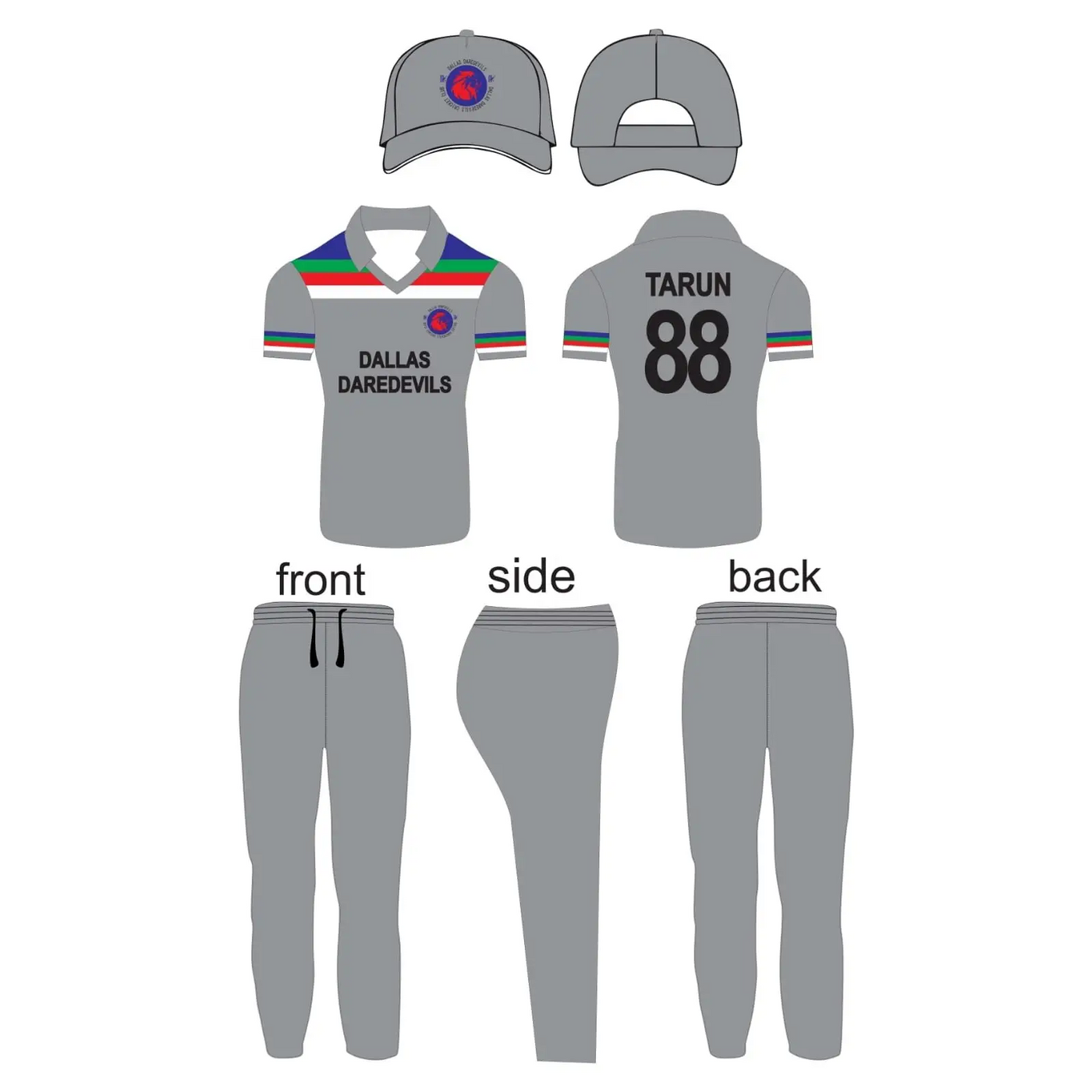 Cricket Color Kit Jersey Trouser & Cap Retro Design Custom Made Dallas Daredevills