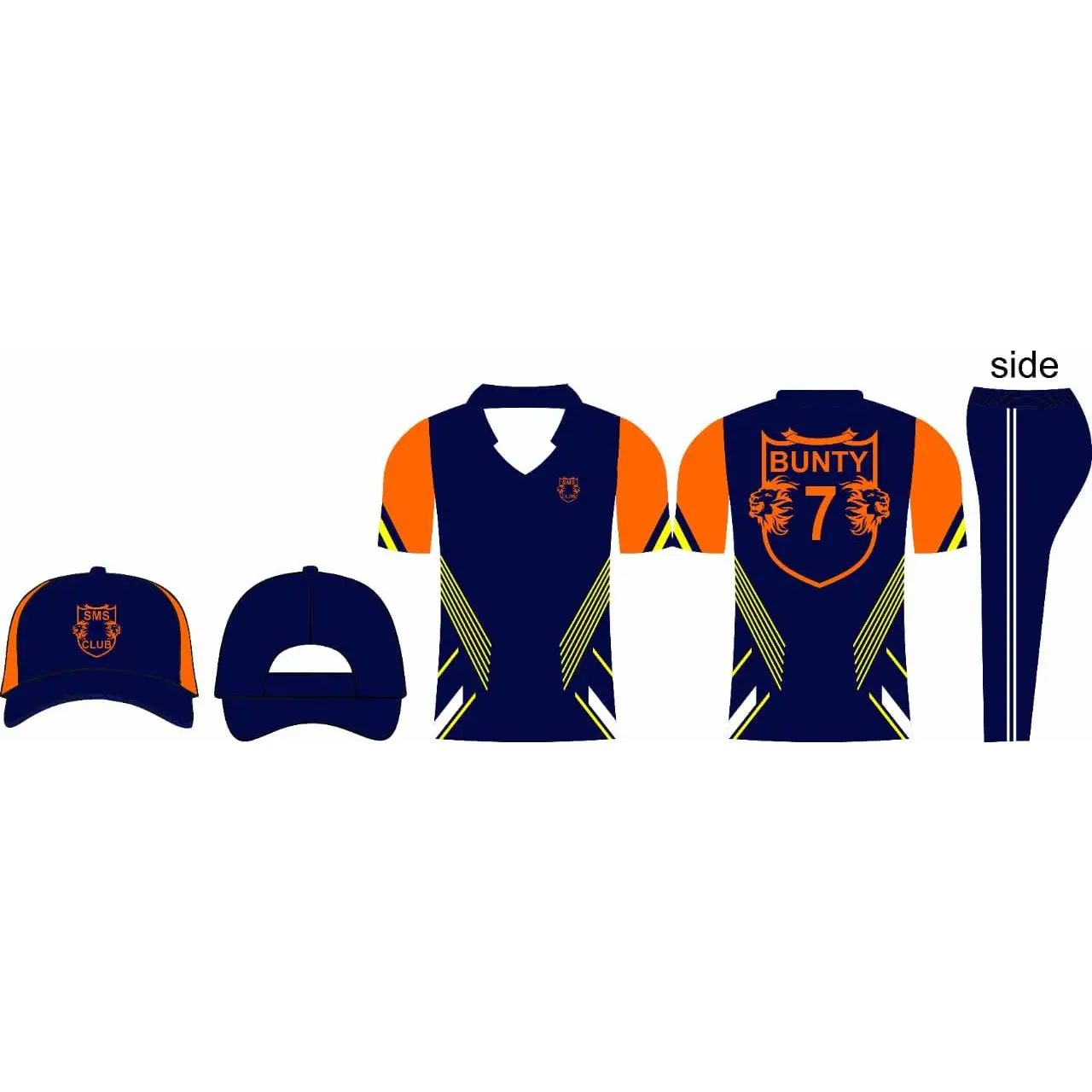Cricket Custom Made Uniform Dark Navy Orange Jersey Trouser Cap 3 Piece Set