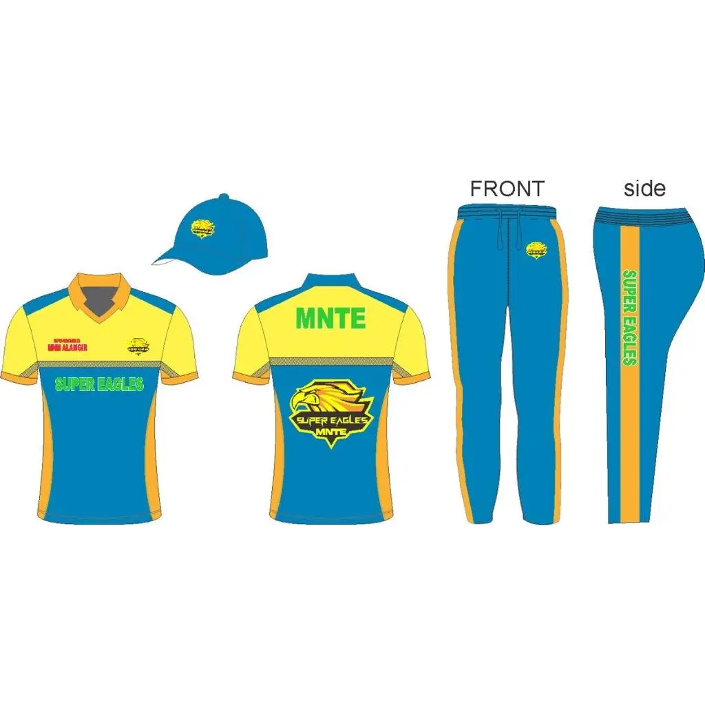 Cricket Kits Jersey Trouser & Cap Super Eagles Blue Yellow & Gold - Custom Cricket Wear 3PC Full