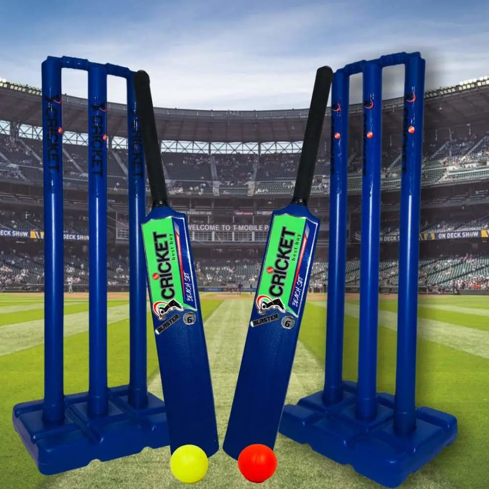 Cricket Plastic Beach Set Double Blaster Bat Balls Stumps and Bag Blue - BATS - CRICKET SETS