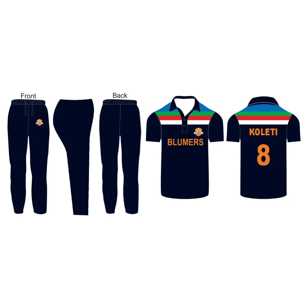 Cricket Shirt And Trouser Fully Customized With Player And Team Name Logo Number - Blue - Custom Cricket Wear 2PC Full