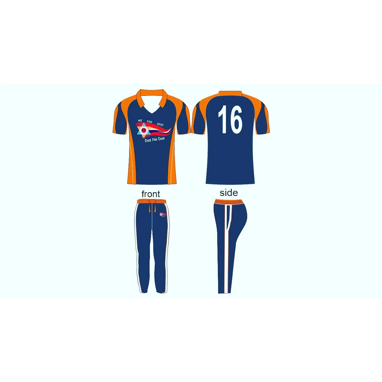 Cricket Shirt and Trouser Fully Customized With Team Name Logo and Number - Orange & Blue - Custom Cricket Wear 2PC Full