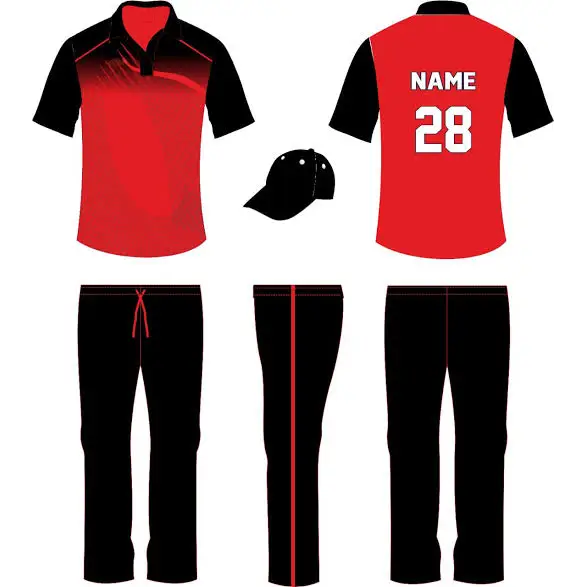 Cricket Shirt Trouser And Cap Customizable With Name And Number -Black And Red - Custom Cricket Wear 3PC Full