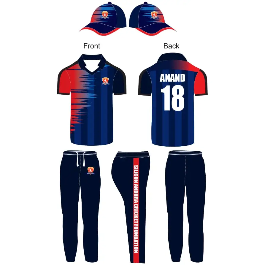 Cricket Shirt Trouser And Cap Customizable With Name And Number -Blue And Red - Custom Cricket Wear 3PC Full