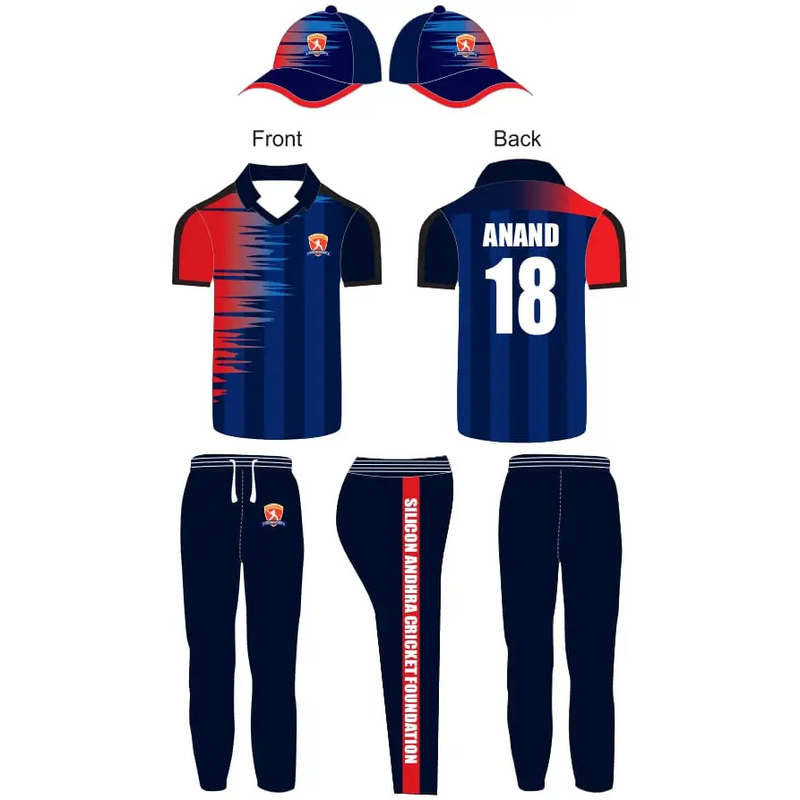 Cricket Shirt Trouser And Cap Customizable With Name And Number -Blue And Red - Custom Cricket Wear 3PC Full