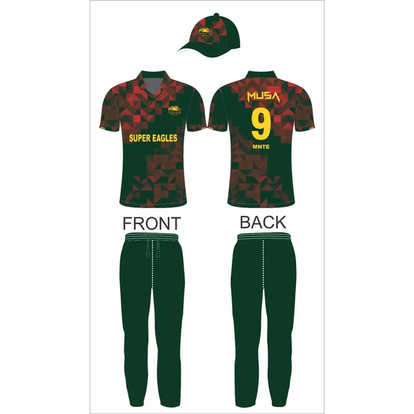 Cricket Uniform Kit Red Green Yellow Jersey Trouser Hat Sublimation 3 Piece  Set