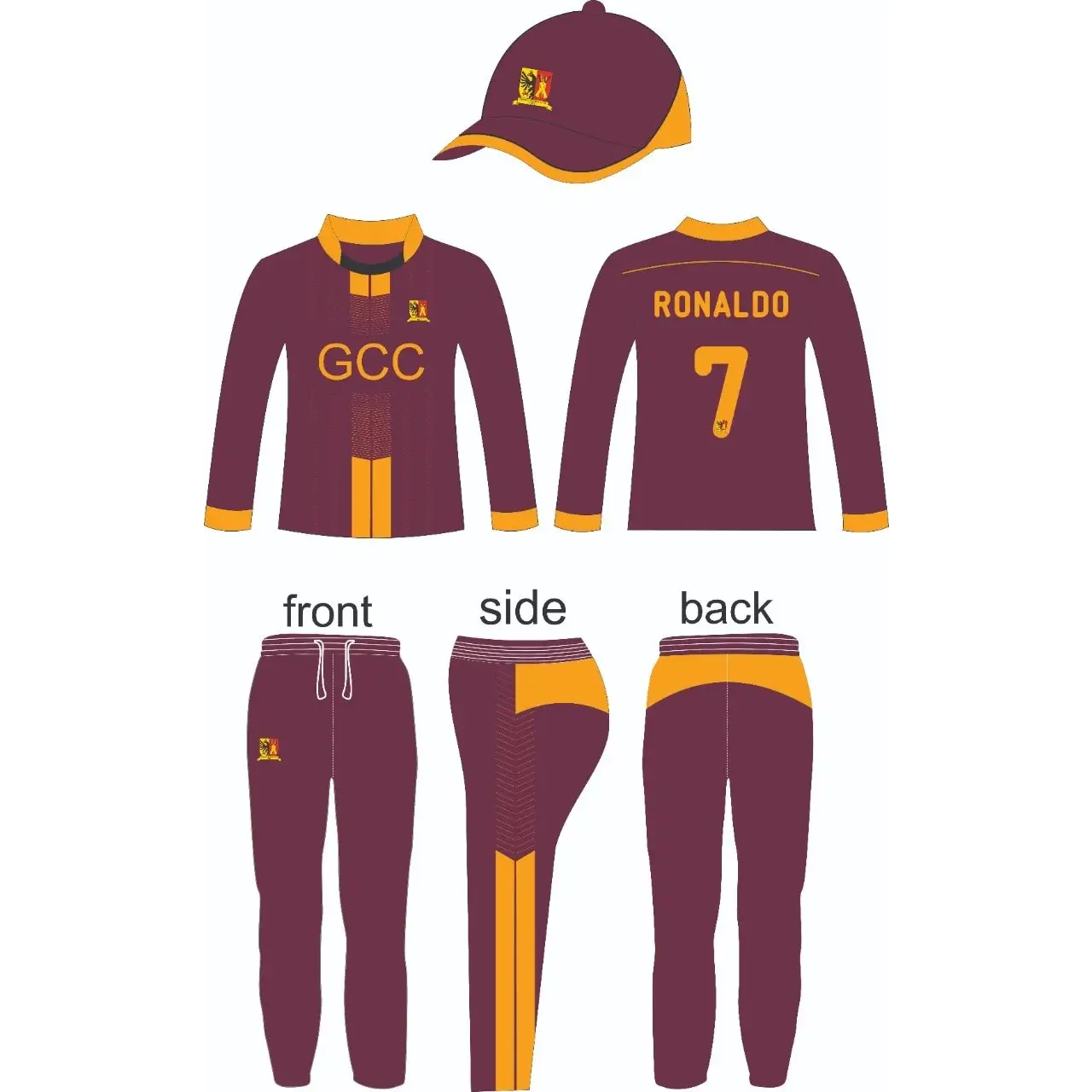 Custom Made Cricket Kits Jersey Trouser & Cap Maroon Gold Design - Custom Cricket Wear 3PC Full
