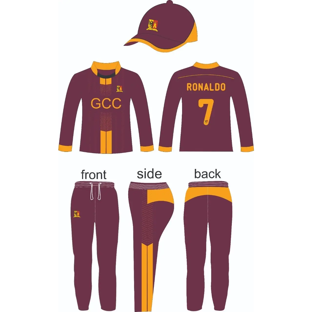 Custom Made Cricket Kits Jersey Trouser & Cap Maroon Gold Design