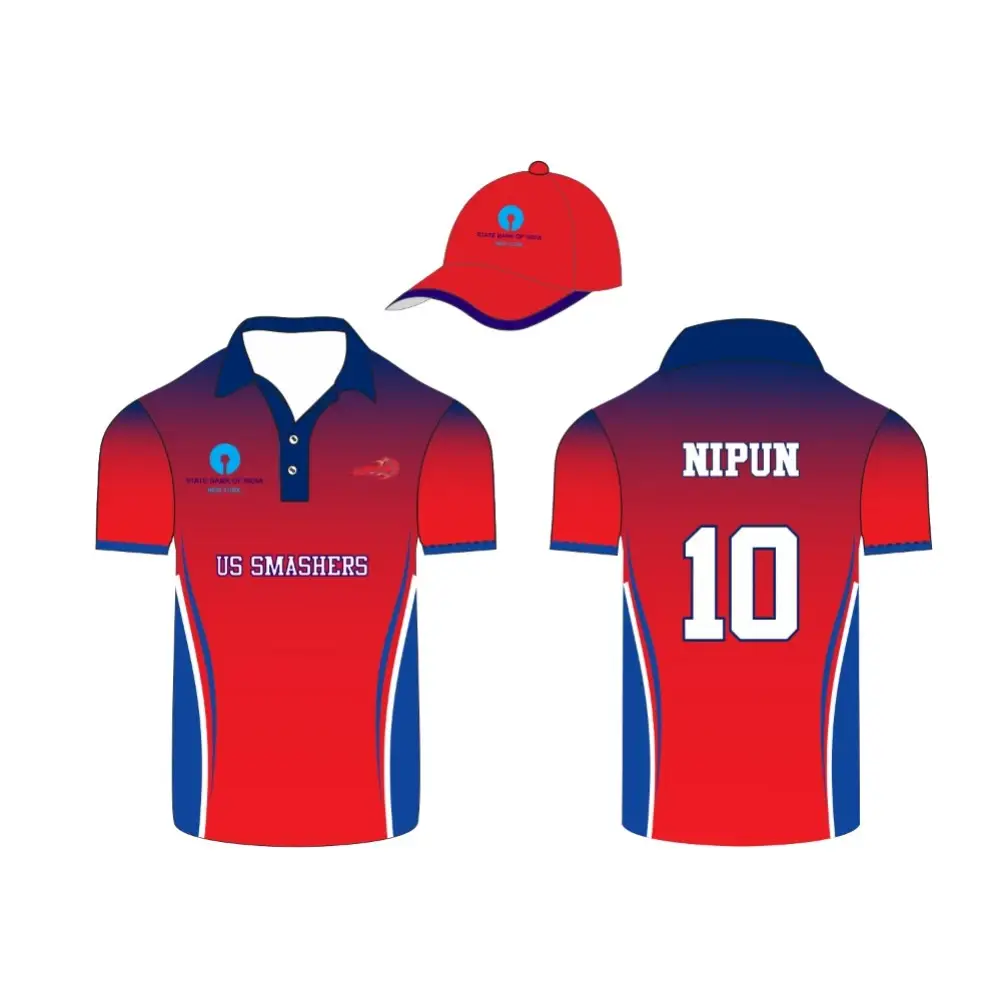 Customizable Cricket Shirt And Cap With Team And Player Name & Number - Red And Blue - Custom Cricket Jerseys
