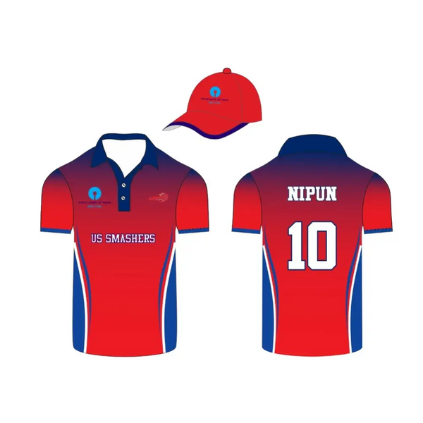 Customizable Cricket Shirt And Cap With Team And Player Name & Number - Red And Blue - Custom Cricket Jerseys