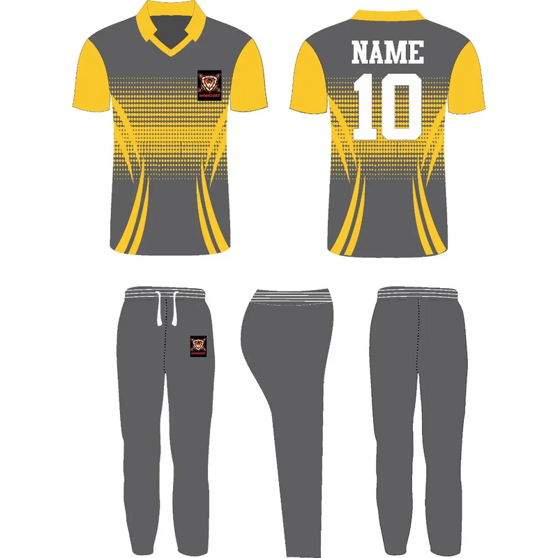 Customizable Cricket Shirt And Trouser With Name Number and logo - Yellow And Grey - Custom Cricket Wear 2PC Full