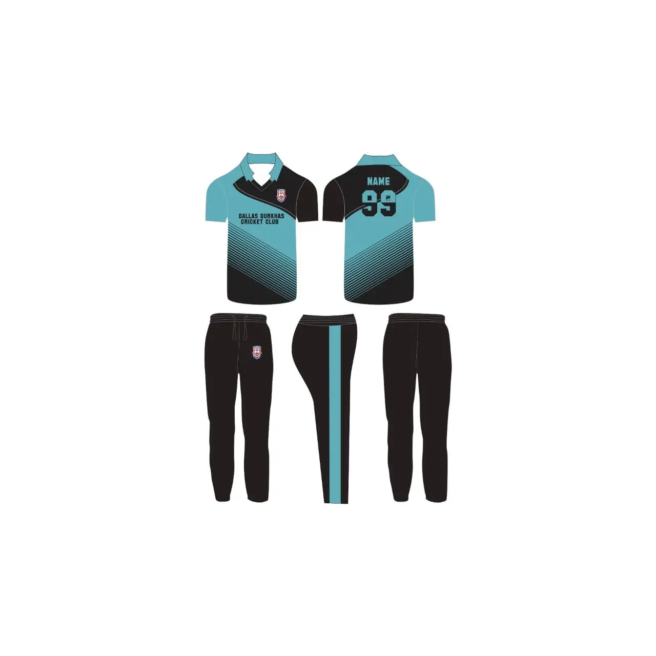 Customizable Cricket Uniform Team & Player Name Number and Logo - Blue & Black - Custom Cricket Wear 2PC Full