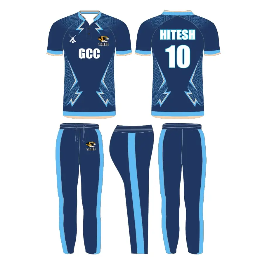 Customized Cricket Shirt And Trouser With Name And Number - Light And Dark Blue - Custom Cricket Wear 2PC Full