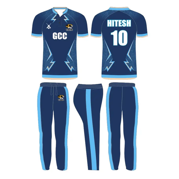 Customized Cricket Shirt And Trouser With Name And Number - Light And Dark Blue - Custom Cricket Wear 2PC Full