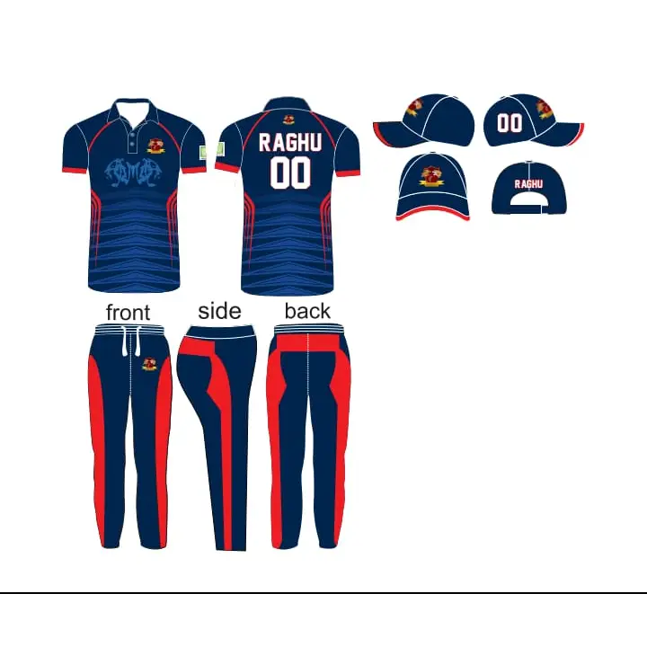 Fully Customizable Cricket Uniform With Name And Number - Blue Red - Custom Cricket Wear 3PC Full