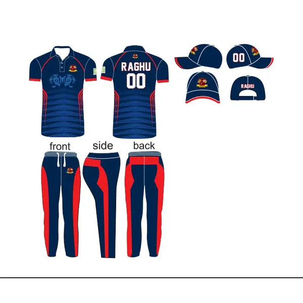 Fully Customizable Cricket Uniform With Name And Number - Blue Red - Custom Cricket Wear 3PC Full