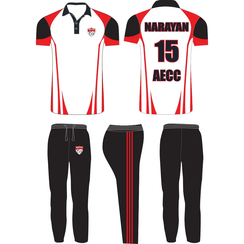 Fully Customizable Cricket Uniform With Name And Number - White Red Black - Custom Cricket Wear 2PC Full