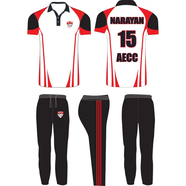 Fully Customizable Cricket Uniform With Name And Number - White Red Black - Custom Cricket Wear 2PC Full