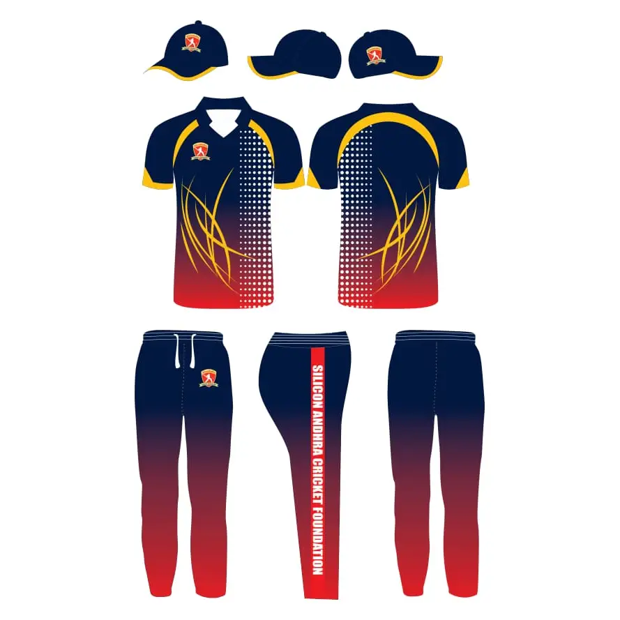 Fully Customized Cricket Uniform - Blue Red Yellow - Custom Cricket Wear 3PC Full