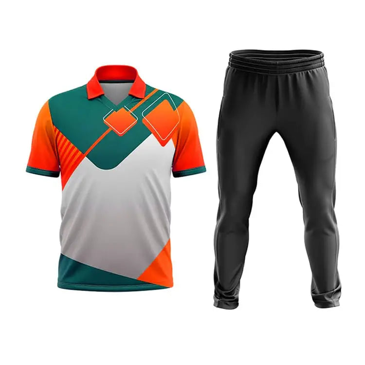 Orange White And Green Cricket Shirt And Gray Trouser 2 Piece Set