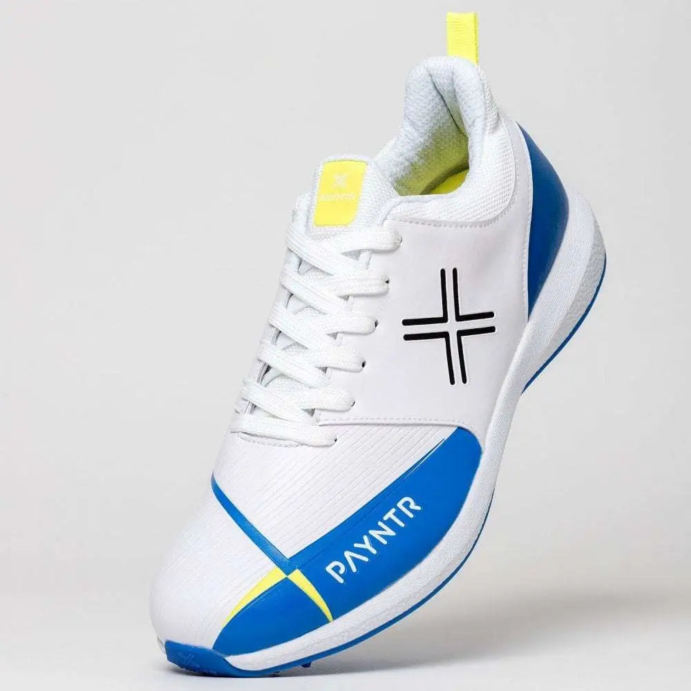 Payntr V Spike Cricket Shoes White & Blue Metal Spike - FOOTWEAR - FULL SPIKE SOLE