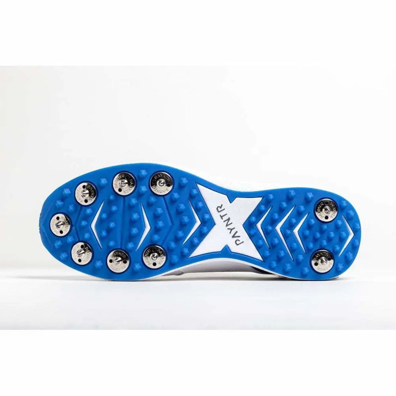 Payntr V Spike Cricket Shoes White & Blue Metal Spike - FOOTWEAR - FULL SPIKE SOLE