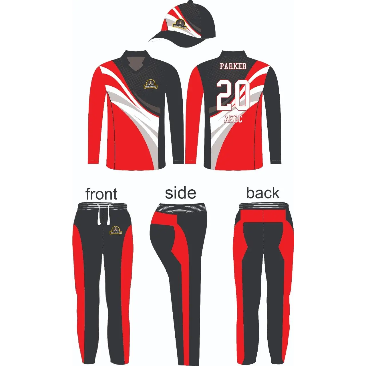 Sports Custom Made Jersey Trouser and Cap Black Red White - Various - CLOTHING CUSTOM