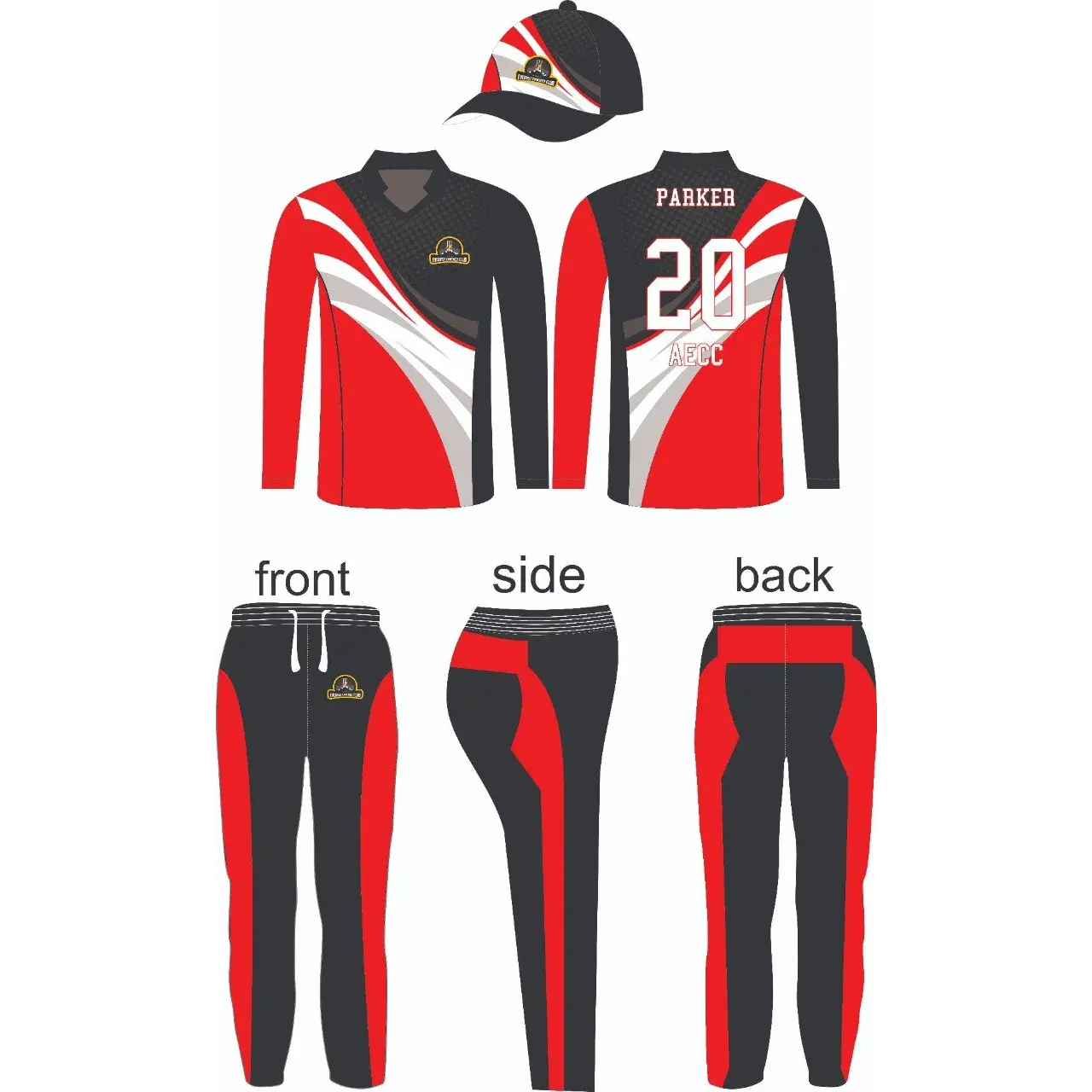 Sports Custom Made Jersey Trouser and Cap Black Red White